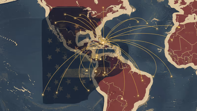 Graphic showing the US flag shadow over a map of Venezuela