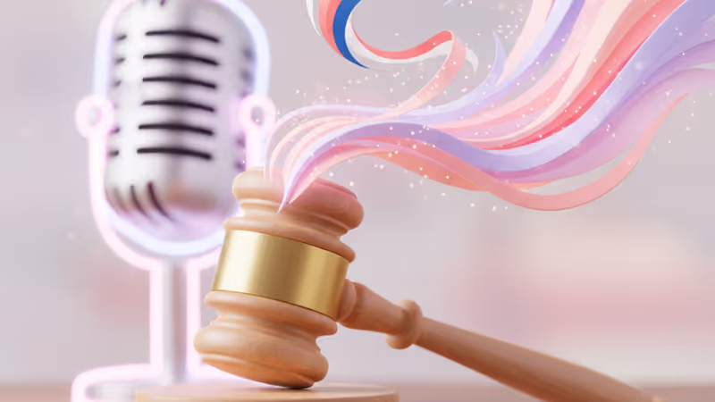 Judicial gavel on a desk with a blurred microphone background