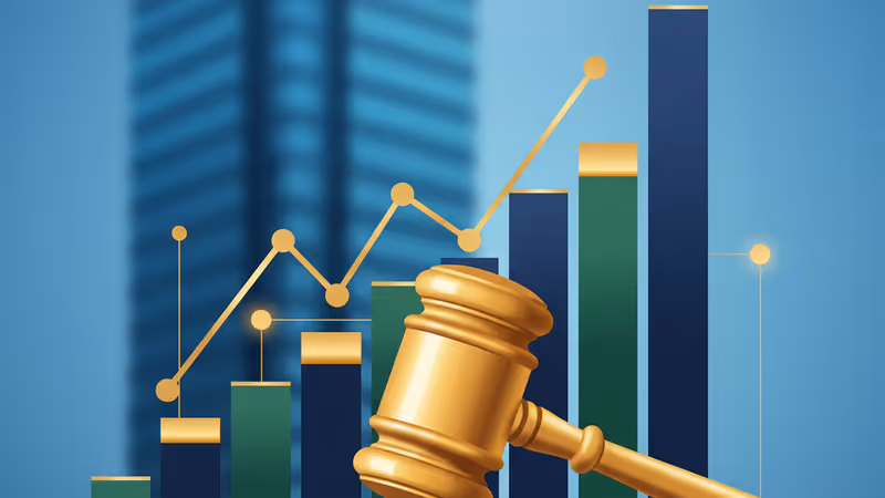 Judicial gavel with corporate office background