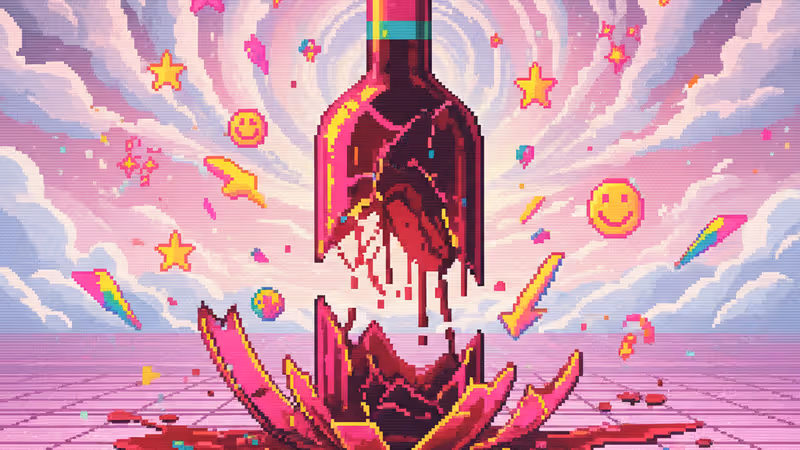 바닥에서 깨진 고가의 와인 병과 쏟아진 레드 와인