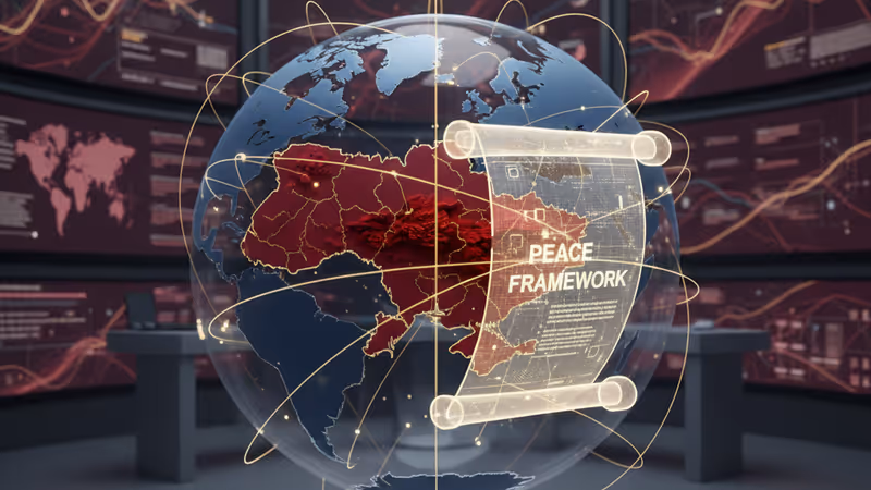 衛星俯瞰下的冬季導彈基地與象徵和平談判的烏克蘭地圖。