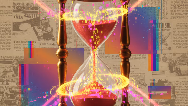 An hourglass with digital code and vintage newspaper background