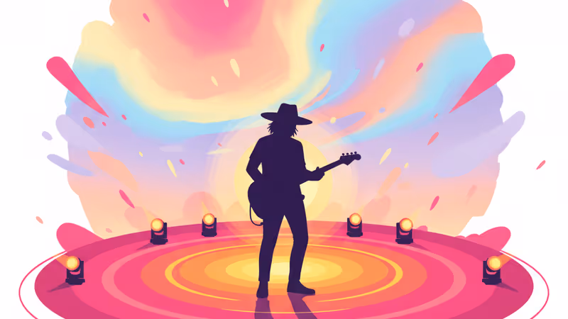 スポットライトを浴びる無人のステージとギター