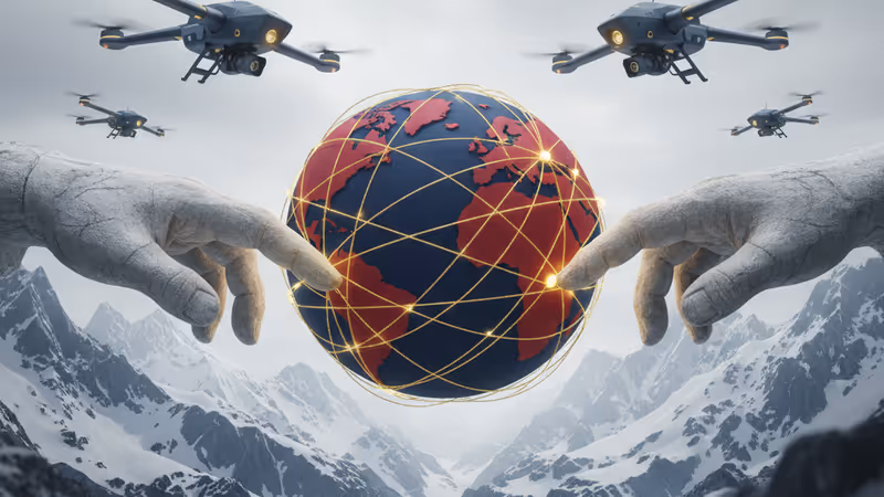 Indian and Chinese figures reaching out over snowy mountains with drones