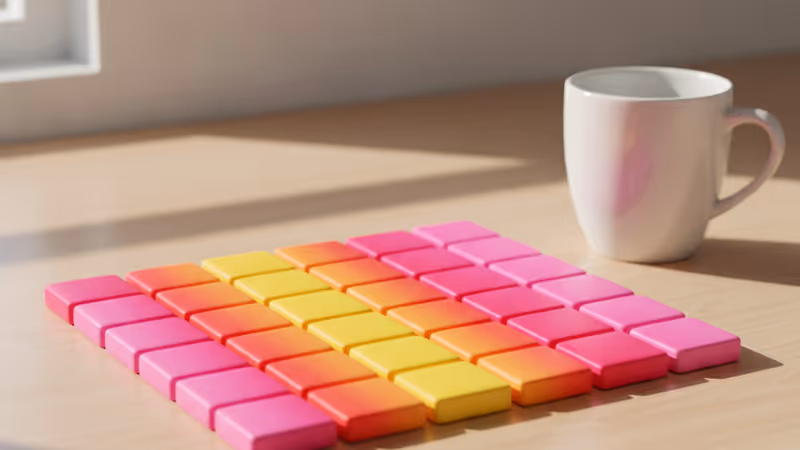 Wordle game tiles on a desk with a cup of coffee
