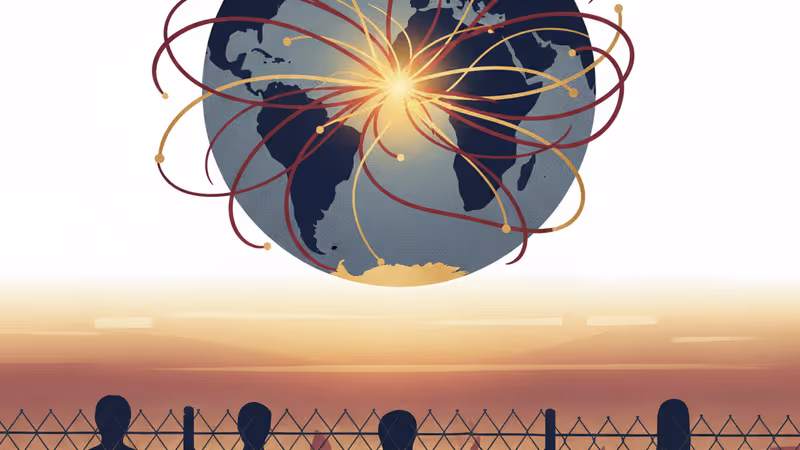 象徵以色列拘留設施的高聳圍欄與監視塔，呈現壓抑的氛圍