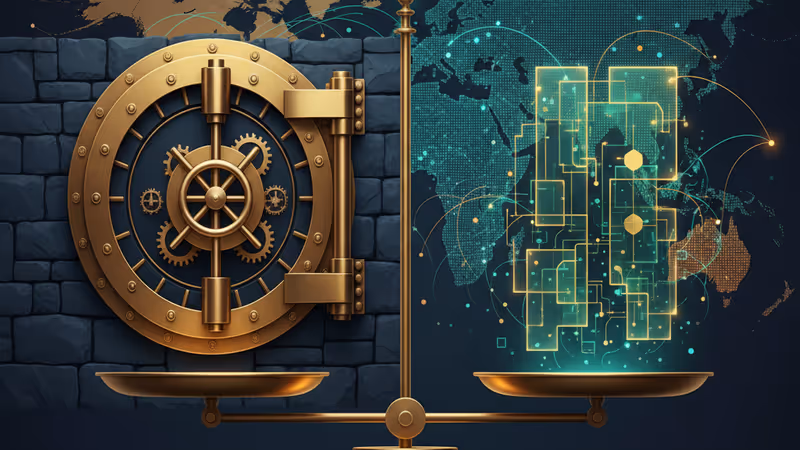 미국 은행 건물 위에 떠 있는 이자 표시 스테이블코인