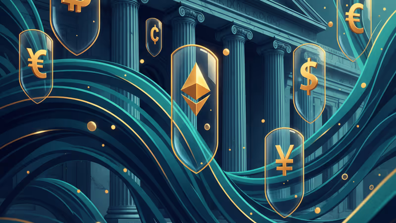 디지털 달러 기호가 투명한 보호막에 갇힌 은행 건물 전경