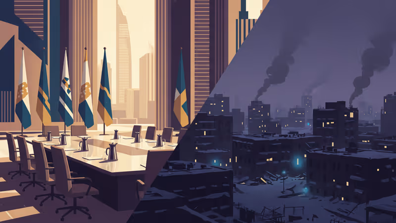 아부다비 회담장과 공습을 받은 우크라이나 전경의 대비