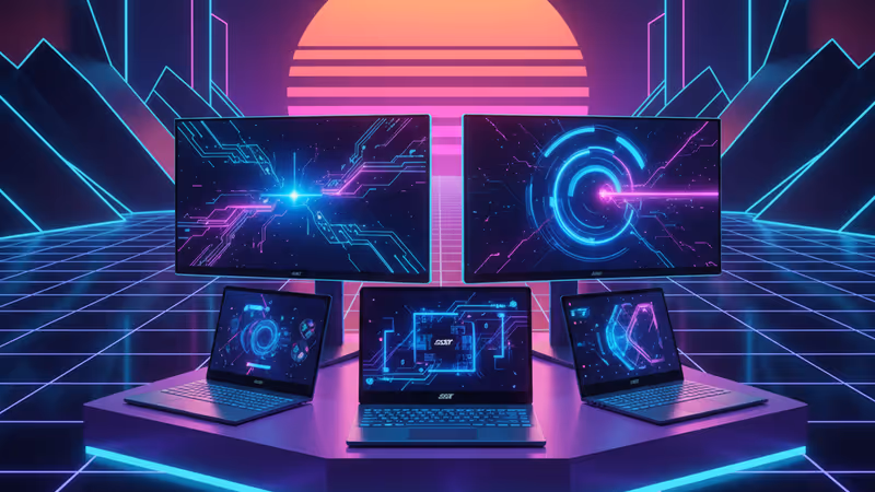 Acerの最新AIノートパソコンが近未来的なステージで展示されている様子