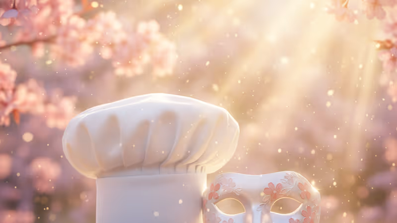 俳優と料理人の二つの人生を象徴する制服とマスクのイメージ