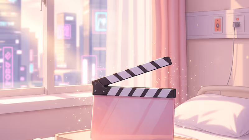 A film clapperboard and script resting on a hospital side table.