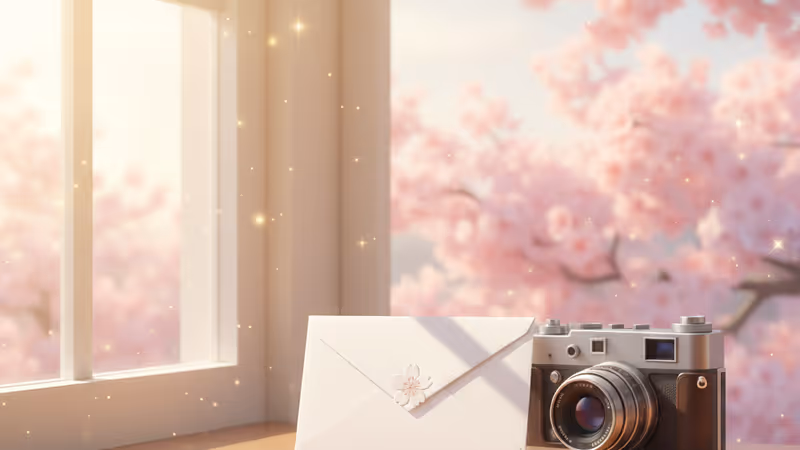 나무 책상 위에 놓인 흰색 청첩장과 빈티지 영화 카메라