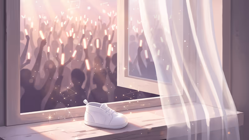 A small white baby shoe on a windowsill with soft sunlight