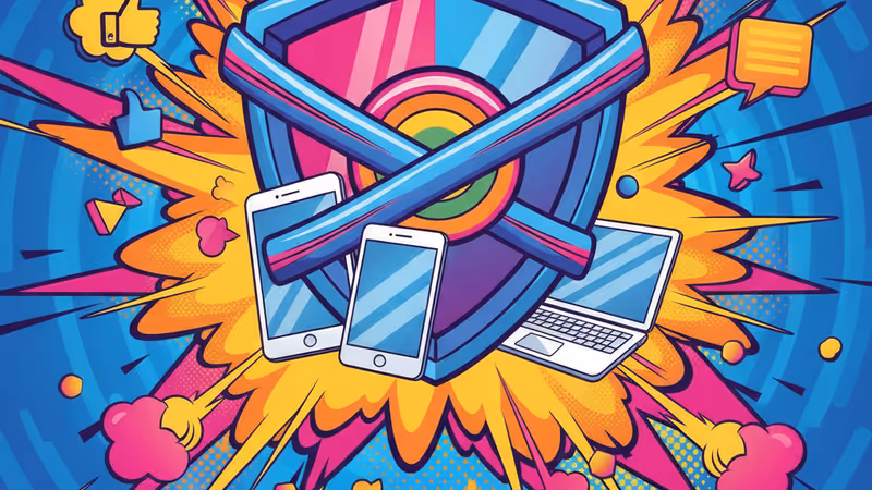 AdGuardによる9台のデバイス保護をイメージしたデジタルシールド