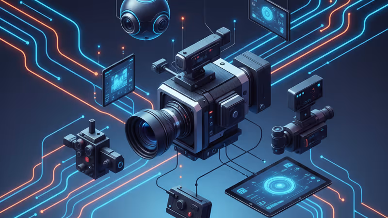 Cinematic camera in a studio surrounded by glowing AI network graphics