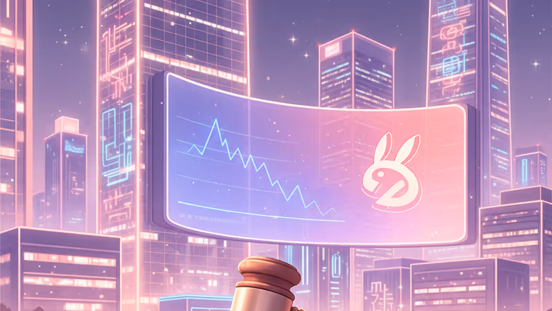 A descending financial graph next to the NewJeans logo and a legal gavel.