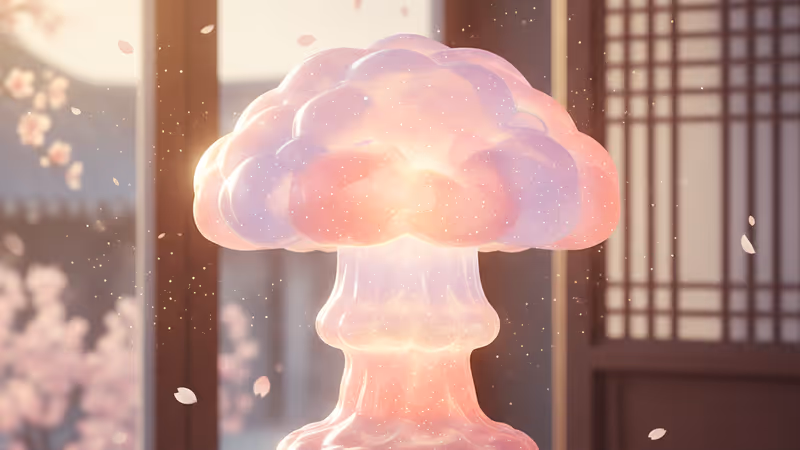 논란이 된 버섯구름 모양의 장식용 조명과 어두운 배경