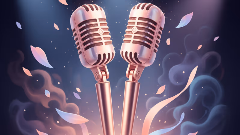 Microphones under purple and blue lights representing BTS and aespa