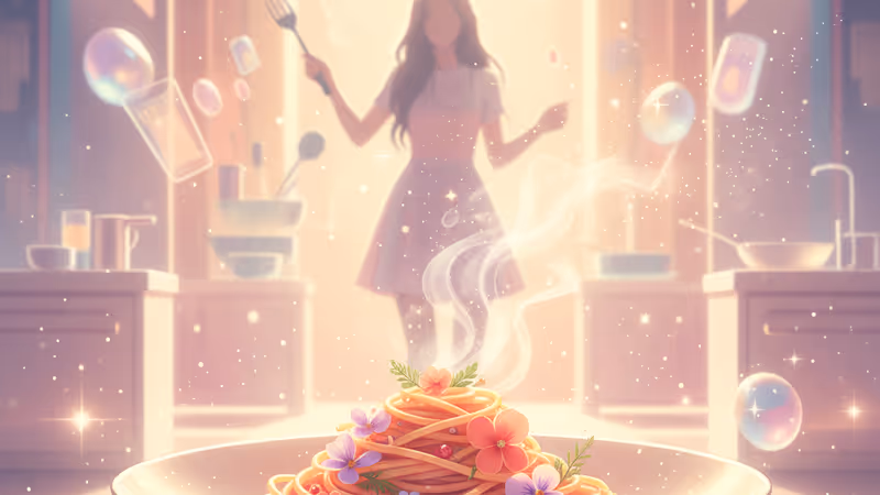 Blurry figure of a woman cooking pasta in a kitchen