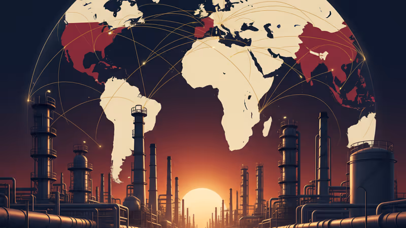 US and Venezuelan flags flying near an oil refinery