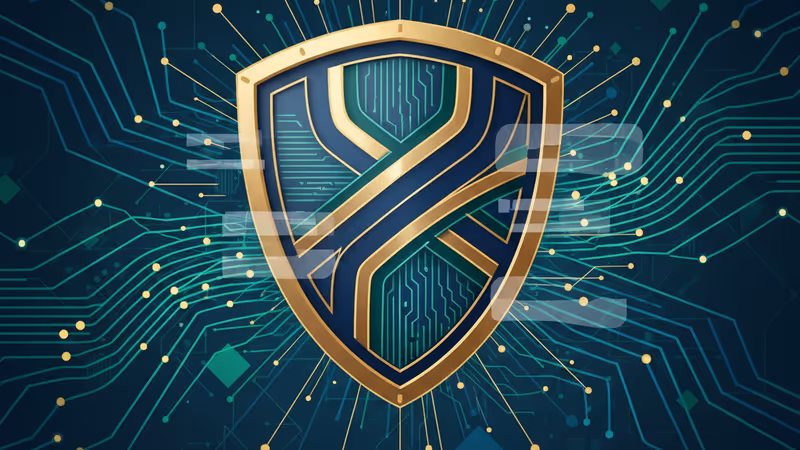 サイバーセキュリティを象徴する光る盾のアイコンとデジタルデータ