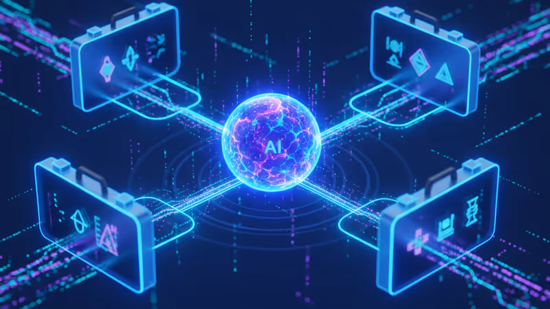 모듈형 도구들로 둘러싸인 미래형 AI 에이전트 아키텍처 시각화