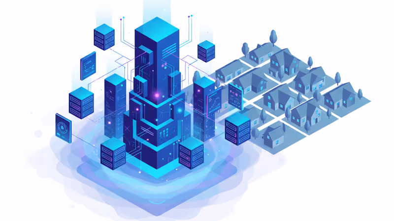 교외 지역 옆에 위치한 미래형 데이터 센터 전경