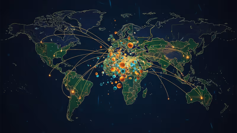 連接兩座懸崖的金色電路板大橋與數字星空