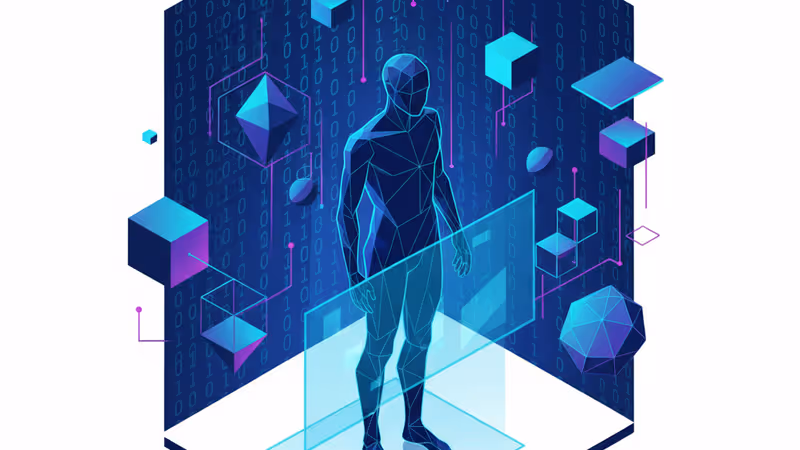 A conceptual image representing AI liability with cold blue digital patterns