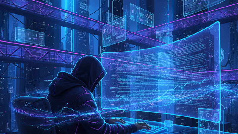 AI 생성 데이터로 가득 찬 모니터를 바라보며 지친 표정을 짓고 있는 개발자