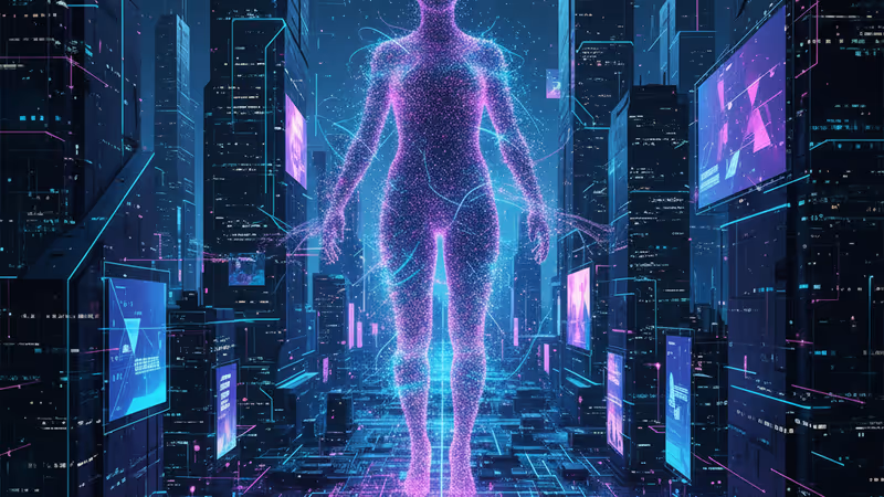 복잡한 네트워크 지도 위에서 빛나는 디지털 입자들이 사람의 형상을 만드는 모습