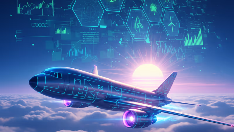 블록체인 데이터가 오버레이된 하늘 위 화물 항공기 전경
