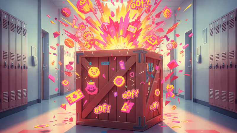 초등학교 복도에 놓인 논란의 나무 상자와 긴 그림자