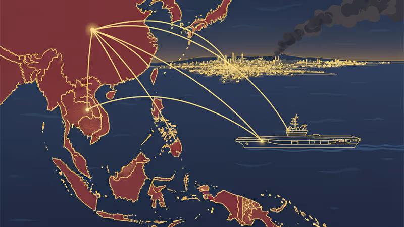アレッポの煙上がる街並みと、海上で拿捕される石油タンカーの対比イメージ