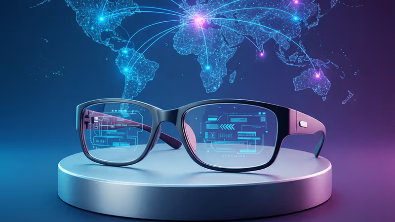 顯示即時翻譯文字的AR智慧眼鏡示意圖