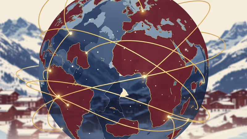 スイス・ダボスの雪景色を背景にした各国のリーダーたちのシルエット