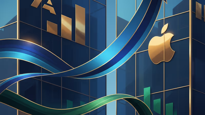 Alphabet 與 Apple 商標在數位股市圖表背景前交鋒