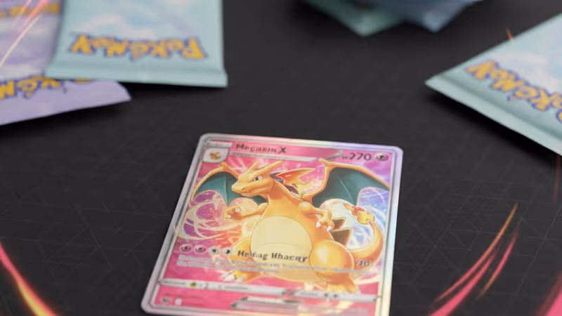 아마존에서 할인 판매 중인 메가 리자몽 X ex 카드와 부스터 팩 전경