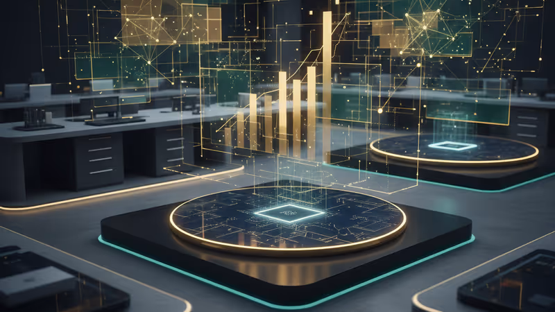 Futuristic AMD office with professionals using AI technology