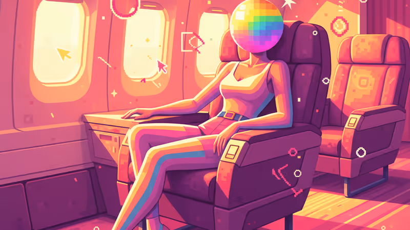 A woman in a first-class airplane seat showing a defiant and spirited expression