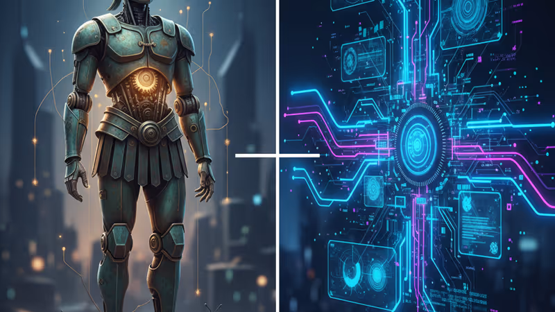 古代の巻物に描かれた機械の腕と地層のイラスト