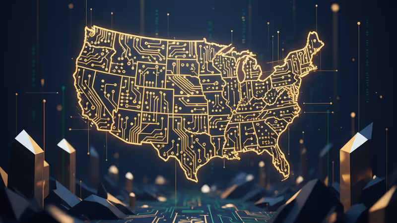 미국 지도를 형상화한 회로 기판 위로 흐르는 금빛 자금 흐름 그래픽