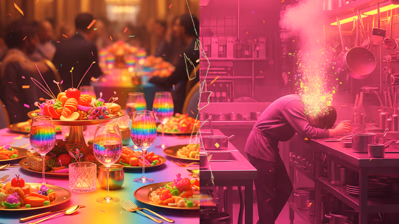 A contrast between a fancy restaurant table and someone cooking in a kitchen