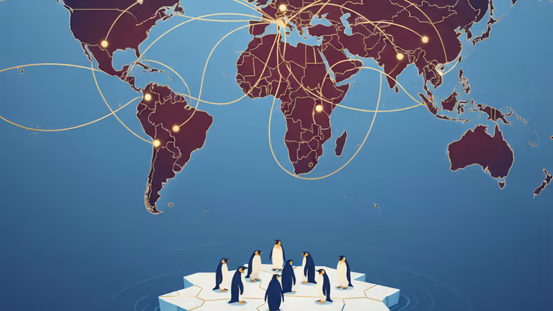 在快速融化的冰川前凝望的南極企鵝