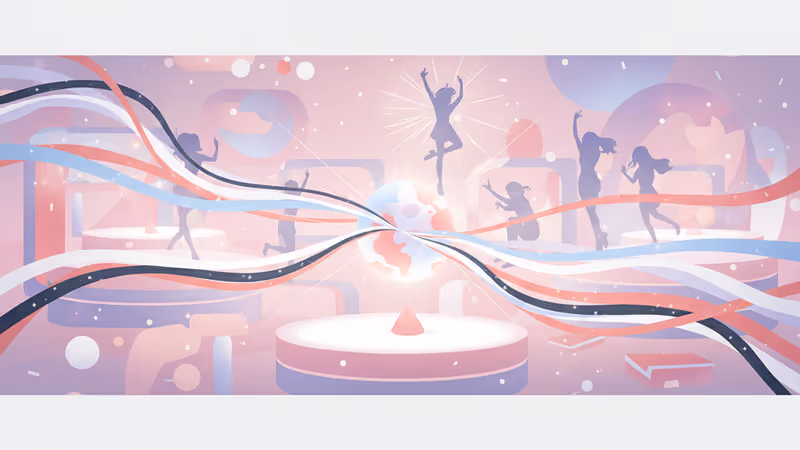 The 5 members of Apink laughing on a colorful variety show set.