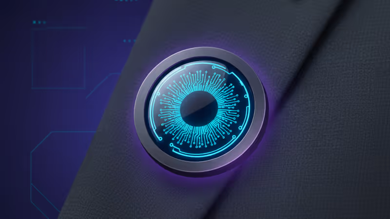 シャツの襟に装着された、カメラを内蔵したAppleのAIピンのコンセプトイメージ