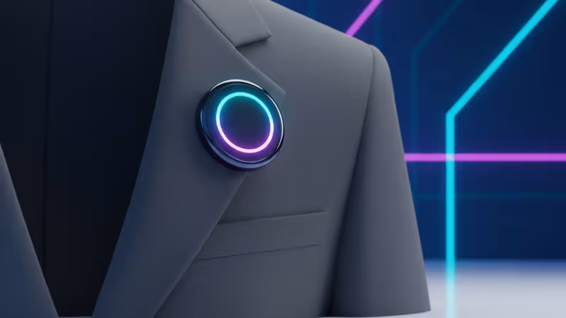 세련된 정장에 부착된 미래형 애플 AI 핀 전경