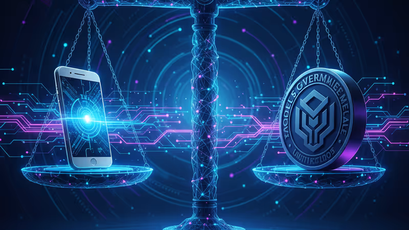 Smartphone and government seal on digital scales of justice