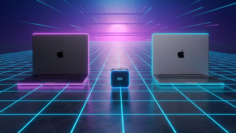 MacBook Pro, Air, and Mac Mini lineup on a desk